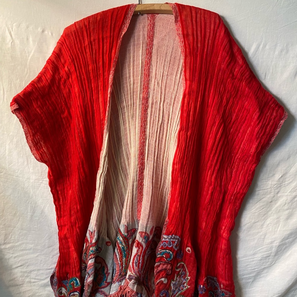 Red & Cream Reversible Wool Cape With Embroidery Detail And Tassels - All Sizes